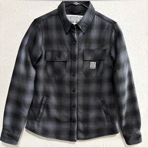 Dixxon Honcho Plaid Flannel Shirt Jacket Sherpa Lined Gray Black Small CLEAN